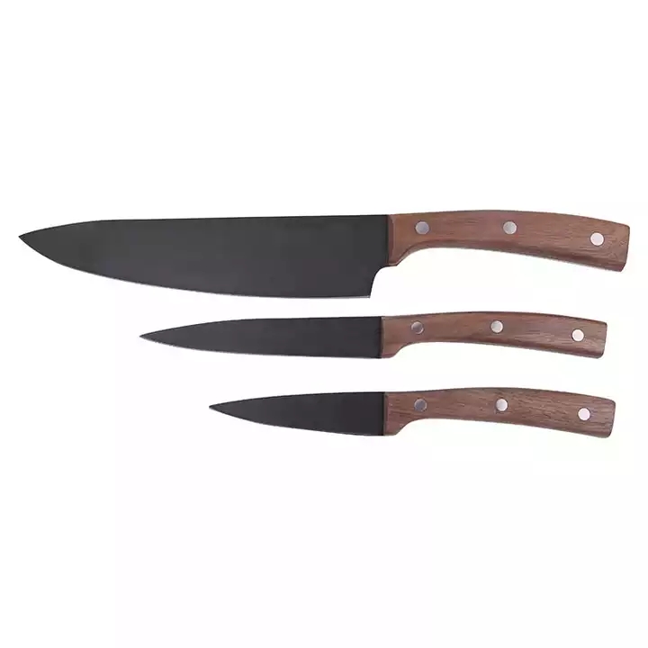 Vendita Calda Nuovo Disegno Nero Ossido Rivestimento Coltelli Cucina Chef Coltello Set Con Manico In Legno Di Noce 