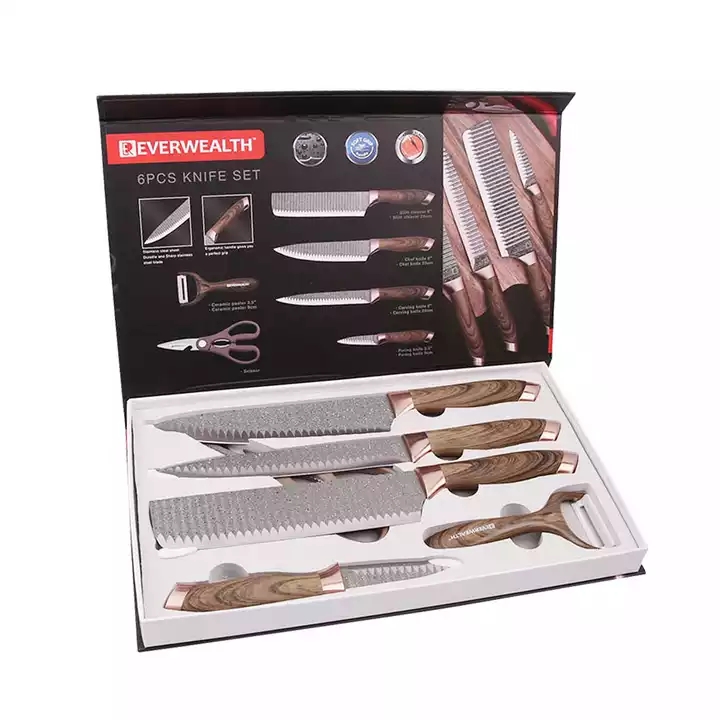 6 pz PP Con Legno Grano Rivestimento Maniglia Coltello Set Colorato Rivestito Coltelli Da Cucina Set In Scatola Regalo 