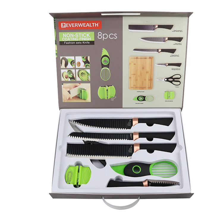 Nuovo Disegno Colore Verde Scatola Regalo Imballaggio Forbici Avocado Peeler E PP Maniglia Coltello Da Cucina Set Con Tagliere Di Bambù 