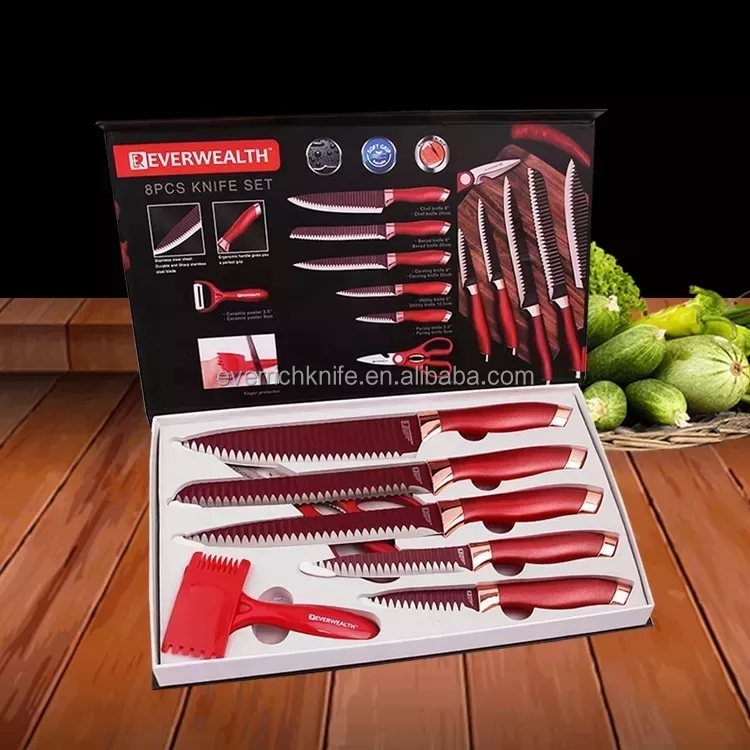 Top Attraente Vendita Calda 8 Pz Coltello Da Cucina Set Colore Rosso Con Scatola Regalo 