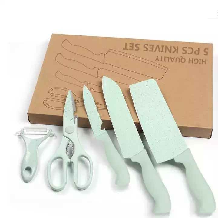 Coltello da cucina Set di 5 paglia di grano in acciaio inossidabile con forbici e peeler in ceramica 