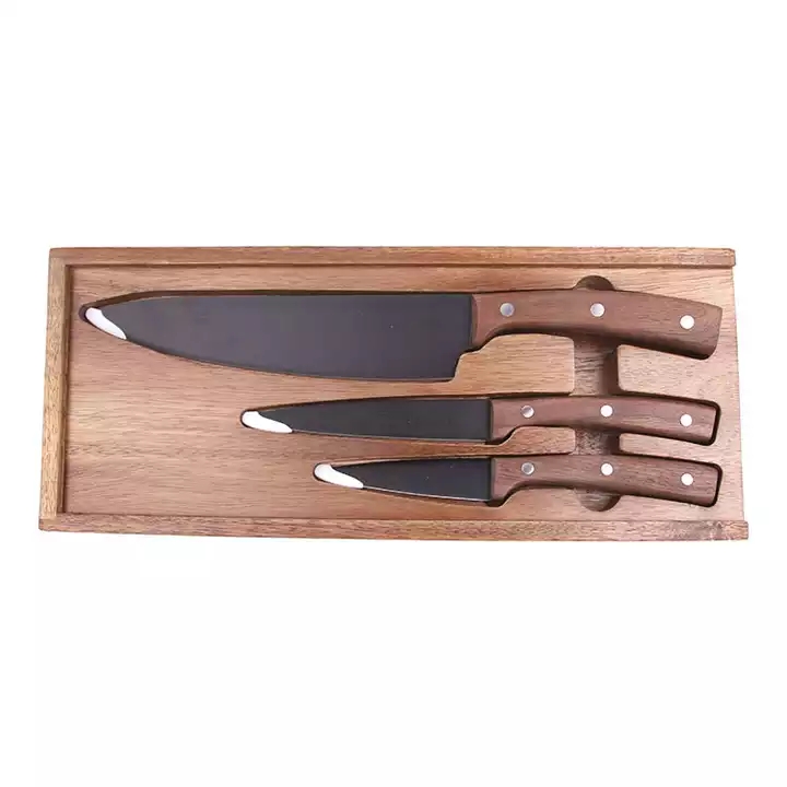 Vendita Calda Nuovo Disegno Nero Ossido Rivestimento Coltelli Cucina Chef Coltello Set Con Manico In Legno Di Noce 