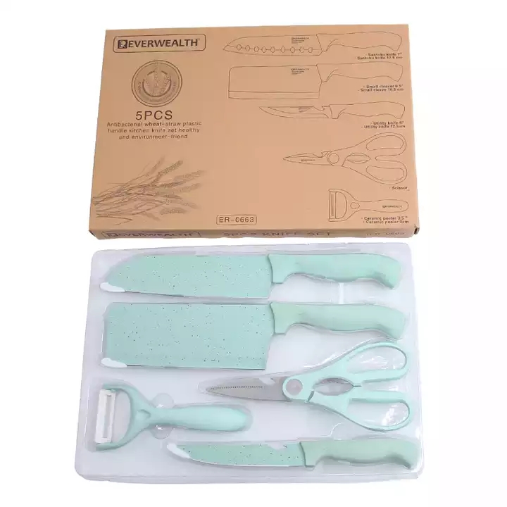 Coltello da cucina Set di 5 paglia di grano in acciaio inossidabile con forbici e peeler in ceramica 