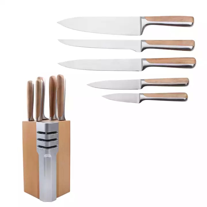 Set di coltelli da cucina in acciaio inossidabile in legno di faggio + 430 maniglie con base di stoccaggio del coltello in legno 