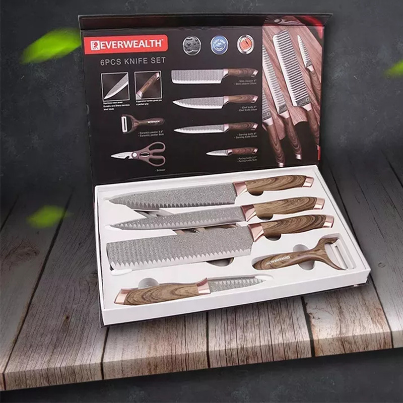 6 pz PP Con Legno Grano Rivestimento Maniglia Coltello Set Colorato Rivestito Coltelli Da Cucina Set In Scatola Regalo 